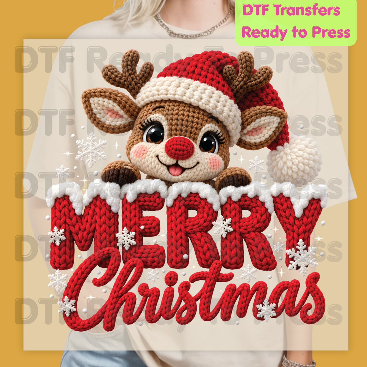 Christmas DTF Transfer, Cute Reindeer Santa Hat, Knitted Letters