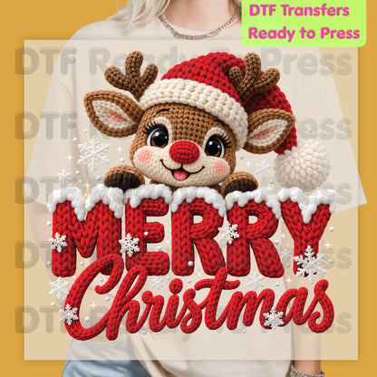 Christmas DTF Transfer, Cute Reindeer Santa Hat, Knitted Letters