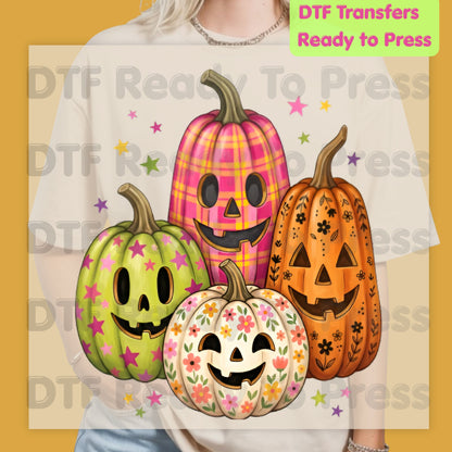 Pink Floral Pumpkin Halloween DTF Transfers, Colorful Spooky Season Ready to Press