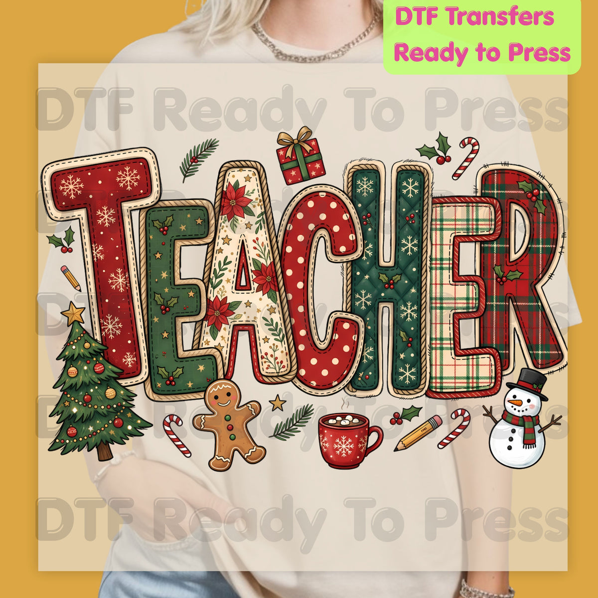 Christmas Teacher Patchwork DTF Transfers, School Snowman Plaid Holiday Ready to Press
