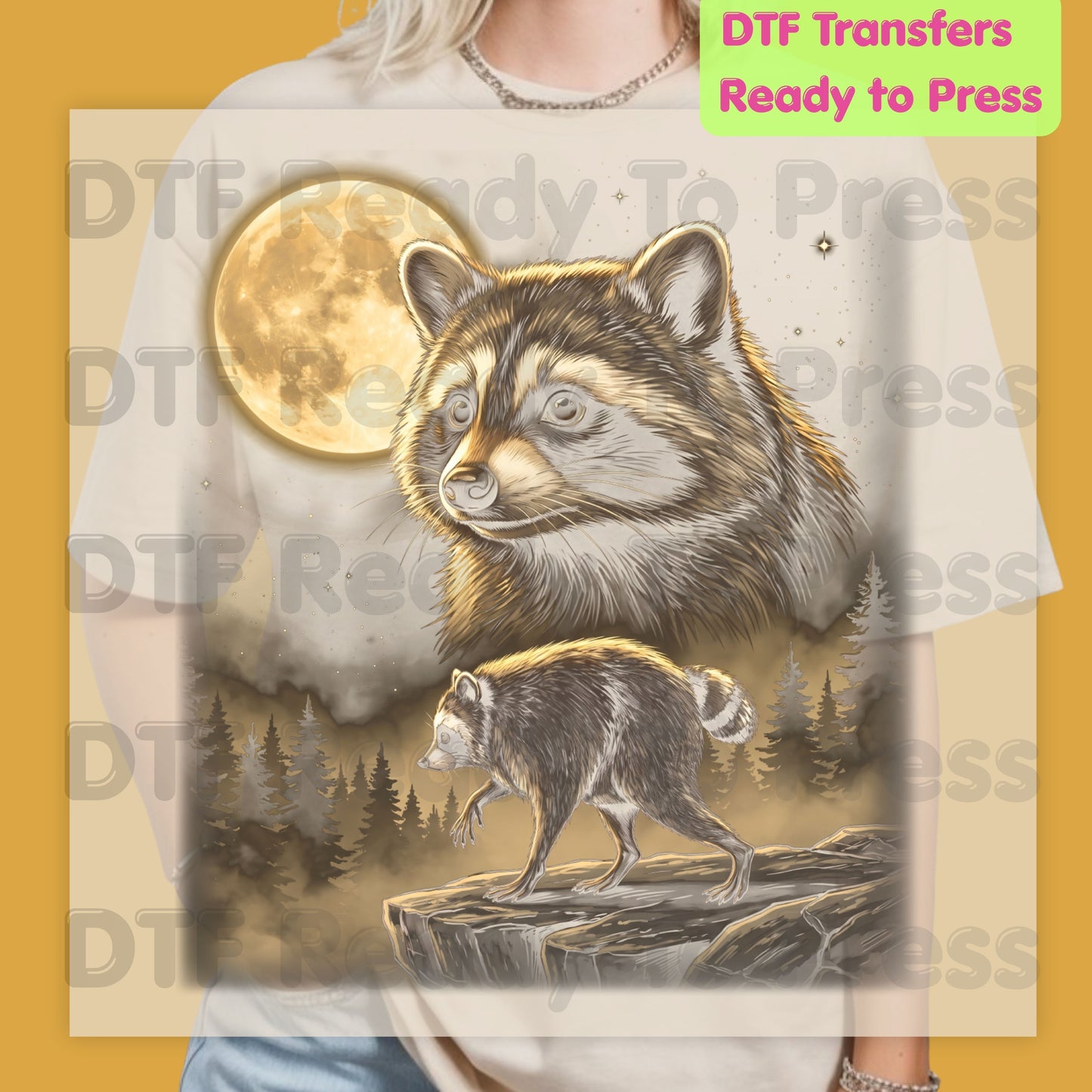 Vintage Raccoon Full Moon DTF Transfers, Forest Wildlife Trash Panda Outdoor Ready to Press