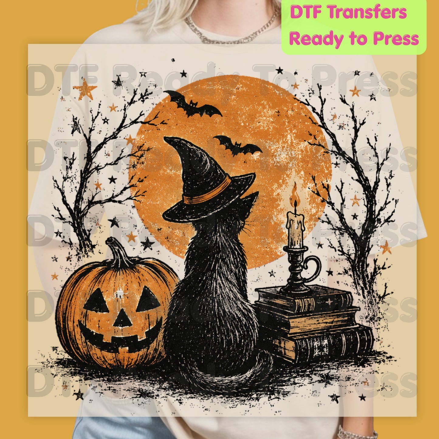 Halloween Black Cat DTF Transfers, Witch Hat Full Moon Pumpkin Spooky Vintage Books Magic Ready to Press