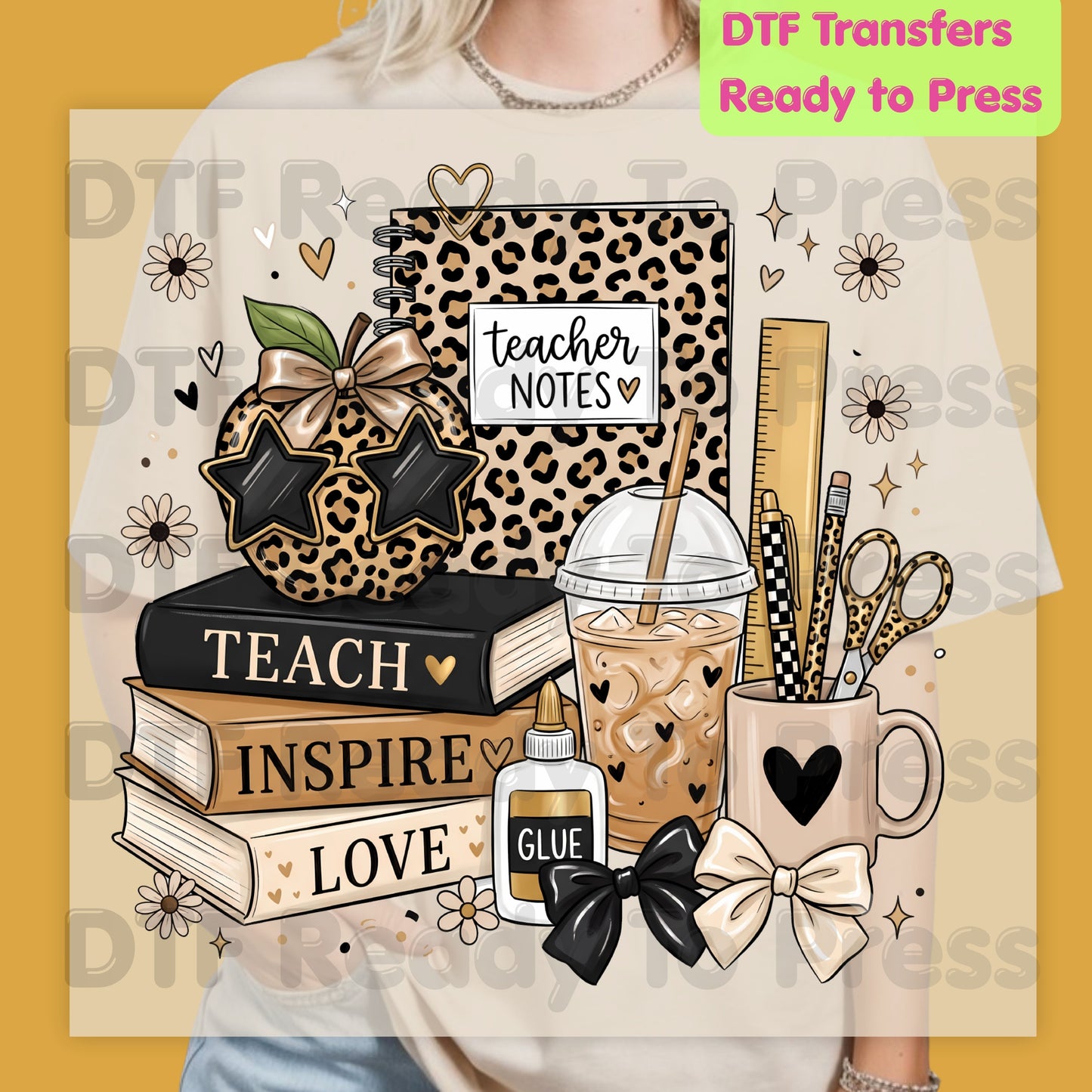 Teach Inspire Love Leopard Teacher DTF Transfers, Notebook Coffee Iced Drink Ready to Press