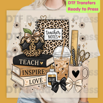 Teach Inspire Love Leopard Teacher DTF Transfers, Notebook Coffee Iced Drink Ready to Press