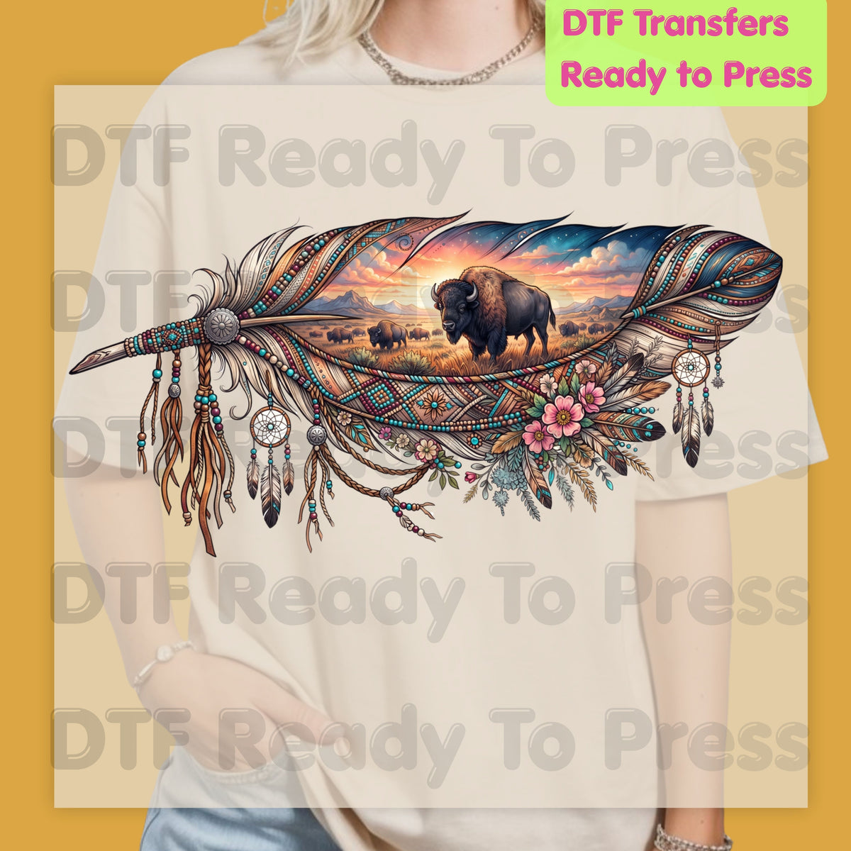 Western Buffalo Feather DTF Transfers, Dreamcatcher Boho Bison Tribal Sunset Ready to Press