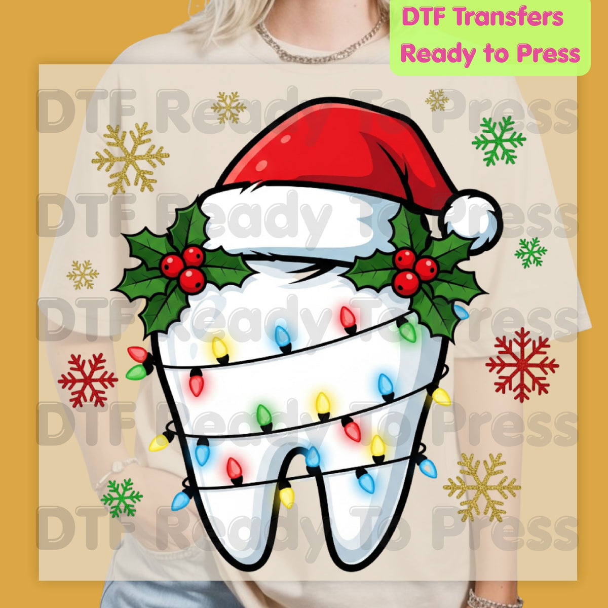 Christmas Tooth Santa Hat DTF Transfers, Dental Holiday Lights Snowflake Festive Ready to Press