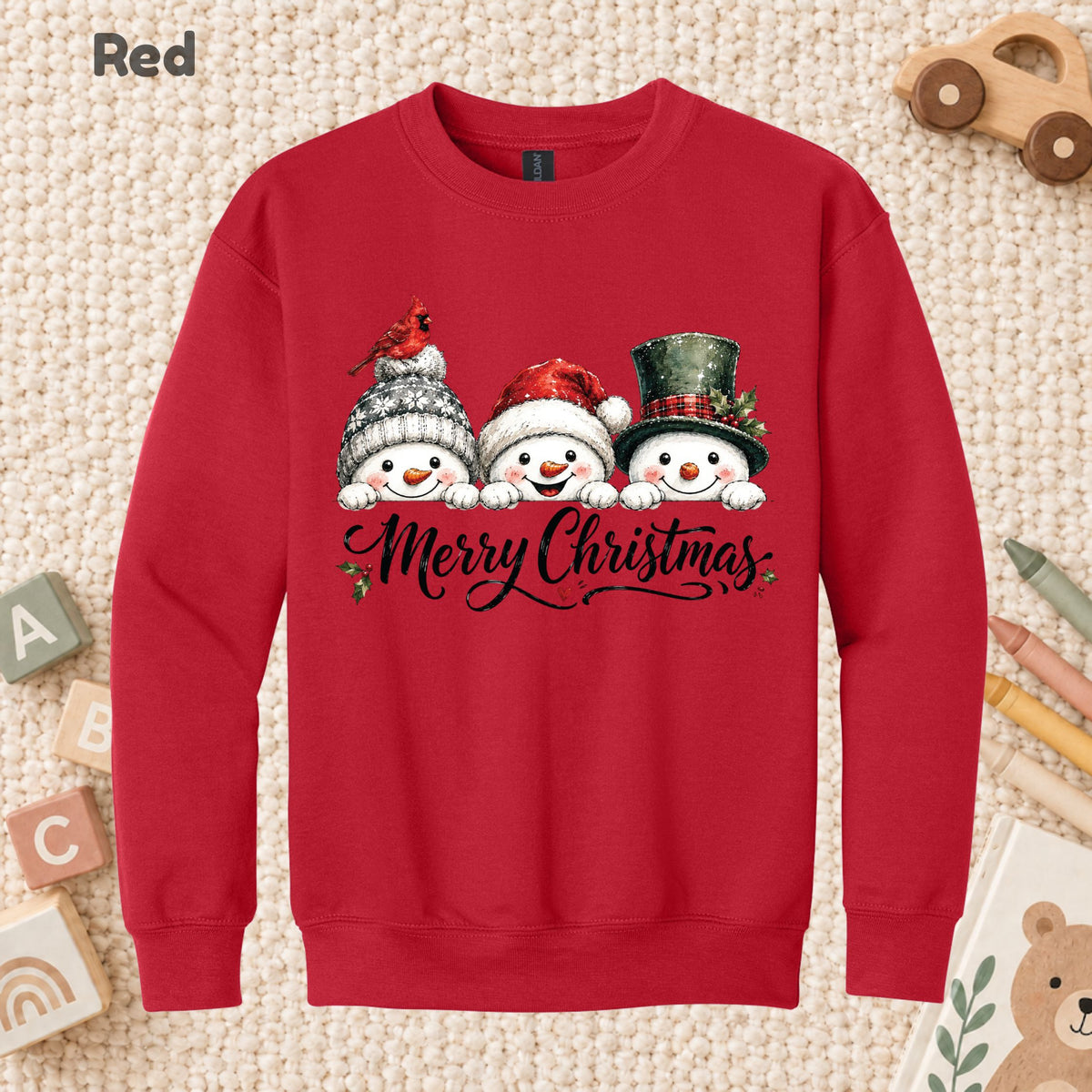 Merry Christmas T-Shirt, Snowmen and Red Cardinals Tee, Winter Holiday Sweatshirt