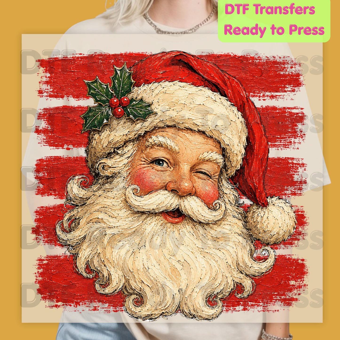 Vintage Winking Santa DTF Transfers, Retro Christmas Red Stripes Nostalgic Holiday Ready to Press