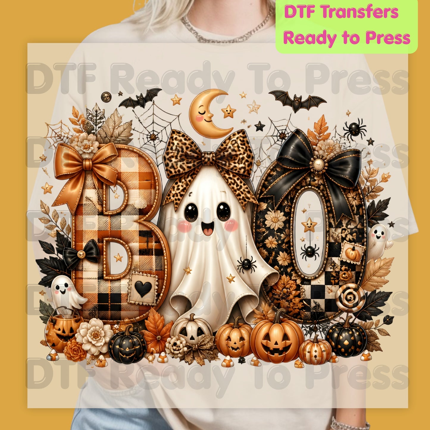 Halloween Boo Ghost DTF Transfers, Cute Bows Orange Plaid Leopard Spooky Season Ready to Press