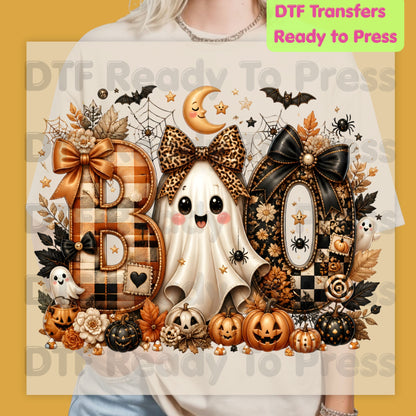 Halloween Boo Ghost DTF Transfers, Cute Bows Orange Plaid Leopard Spooky Season Ready to Press