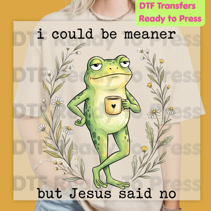 Funny Frog DTF Transfers, I Could Be Meaner But Jesus Said No Sarcastic Christian Ready to Press