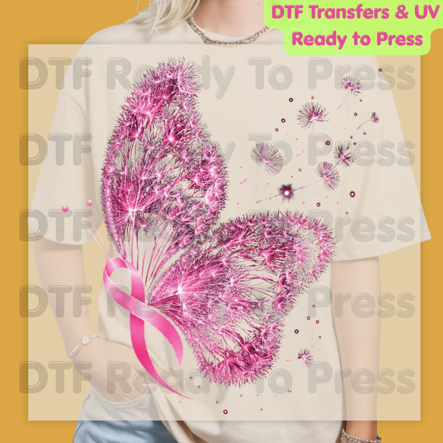 Pink Butterfly Ribbon Breast Cancer Awareness DTF Transfer Ready to Press Heat Transfer Dandelion Floral Tee
