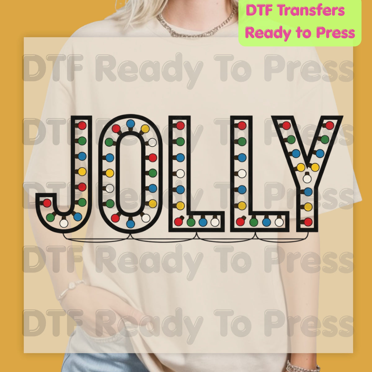 Jolly Christmas Lights DTF Transfers, Merry Holiday Colorful Bulb Graphic Ready to Press