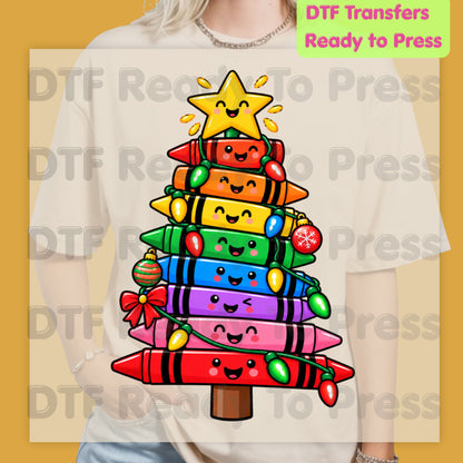 Christmas Crayon Tree DTF Transfers, Teacher School Rainbow Lights Holiday Ready to Press