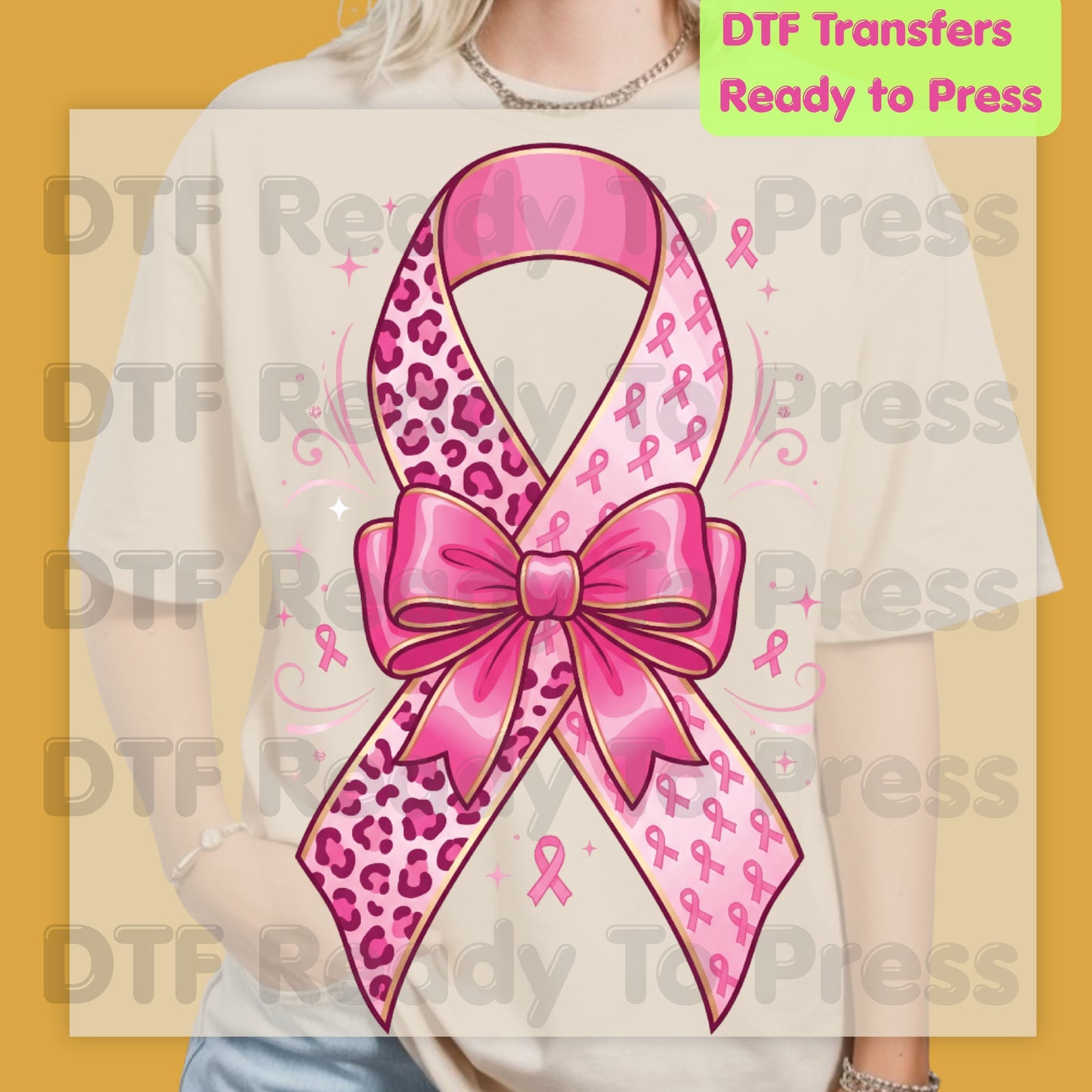Leopard Pink Ribbon Bow Breast Cancer Awareness DTF Transfer Ready to Press Heat Transfer Tee