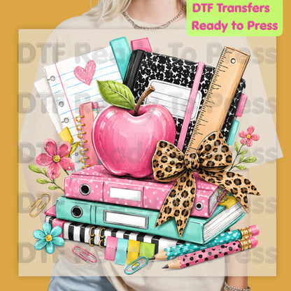 Pink Apple School Supplies DTF Transfers, Books Leopard Bow Back to School Teacher Student Ready to Press