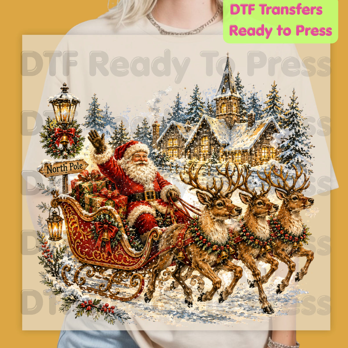Vintage Santa DTF Transfers, Sleigh Reindeer North Pole Winter Village Christmas Ready to Press