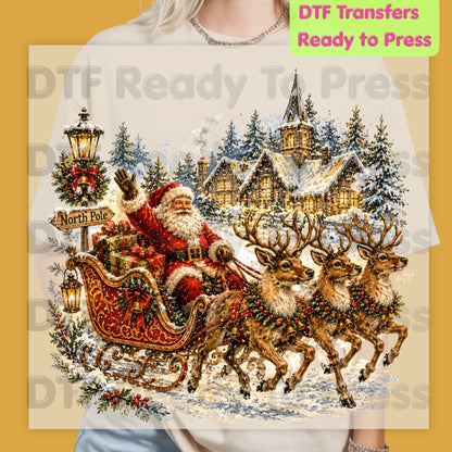 Vintage Santa DTF Transfers, Sleigh Reindeer North Pole Winter Village Christmas Ready to Press