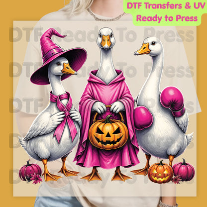 Pink Goose Breast Cancer Awareness Halloween DTF Transfer Ready to Press Spooky Heat Transfer Tee