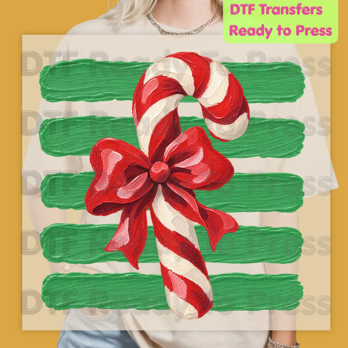 Candy Cane DTF Transfers, Red Bow Green Striped Background Vintage Christmas Holiday Ready to Press