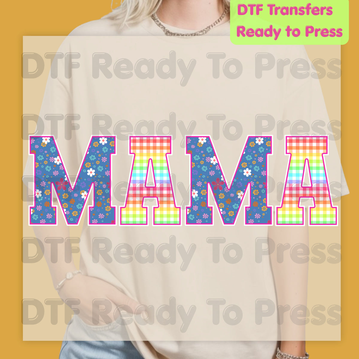 Mama DTF Transfers, Floral Plaid Rainbow Pastel Retro Mama Ready to Press