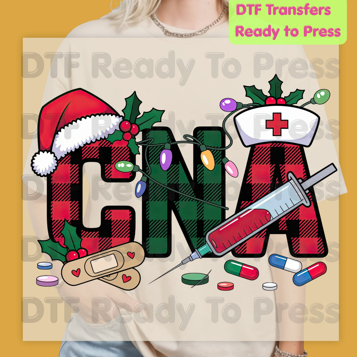 Christmas CNA Plaid DTF Transfers, Medical Nursing Syringe Holiday Lights Ready to Press