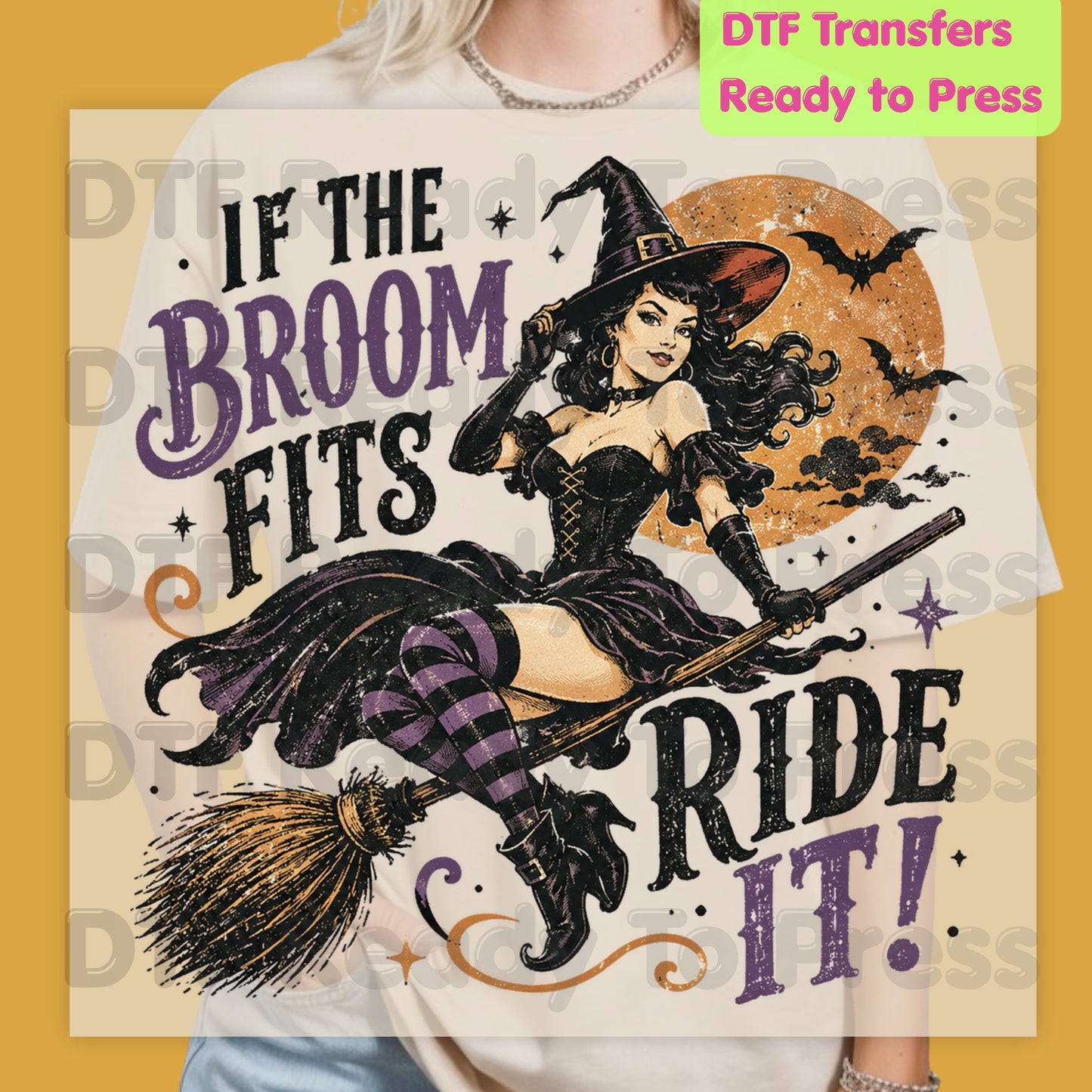 Vintage Halloween Witch DTF Transfers, If the Broom Fits Ride It Flying Witch Moon Spooky Ready to Press