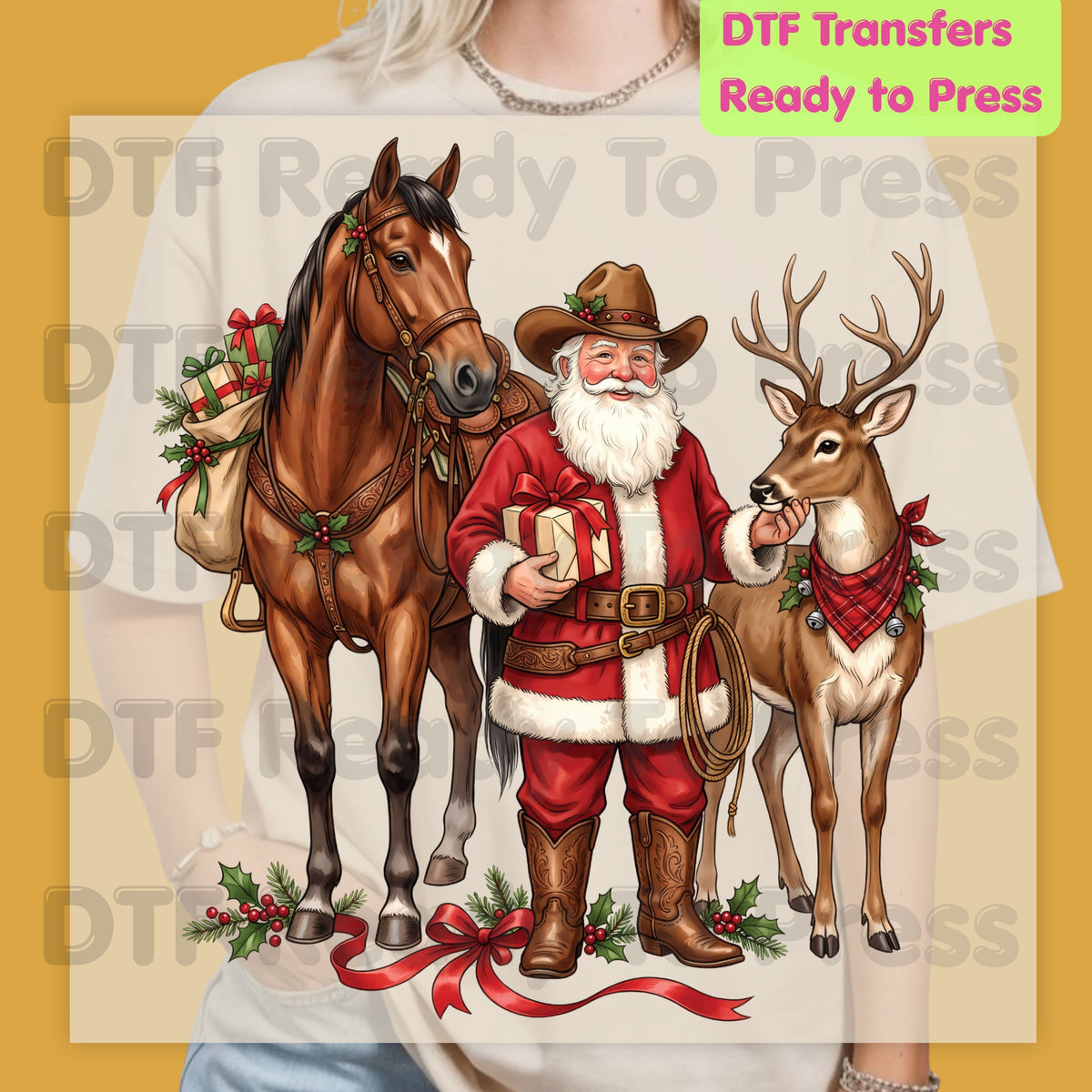 Christmas DTF Transfer, Cowboy Santa with Horse and Reindeer, Western Holiday Graphic