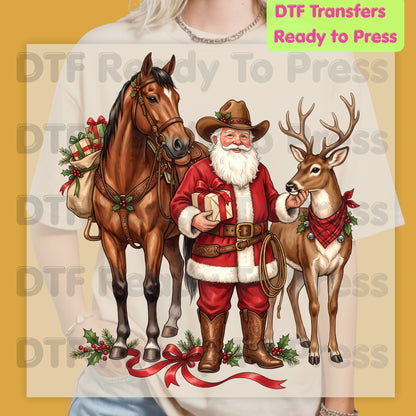 Christmas DTF Transfer, Cowboy Santa with Horse and Reindeer, Western Holiday Graphic