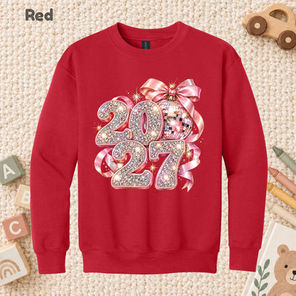 New Year 2027 T-Shirt, Pink Glitter Disco Ball Bow Tee, Sparkly Party Sweatshirt