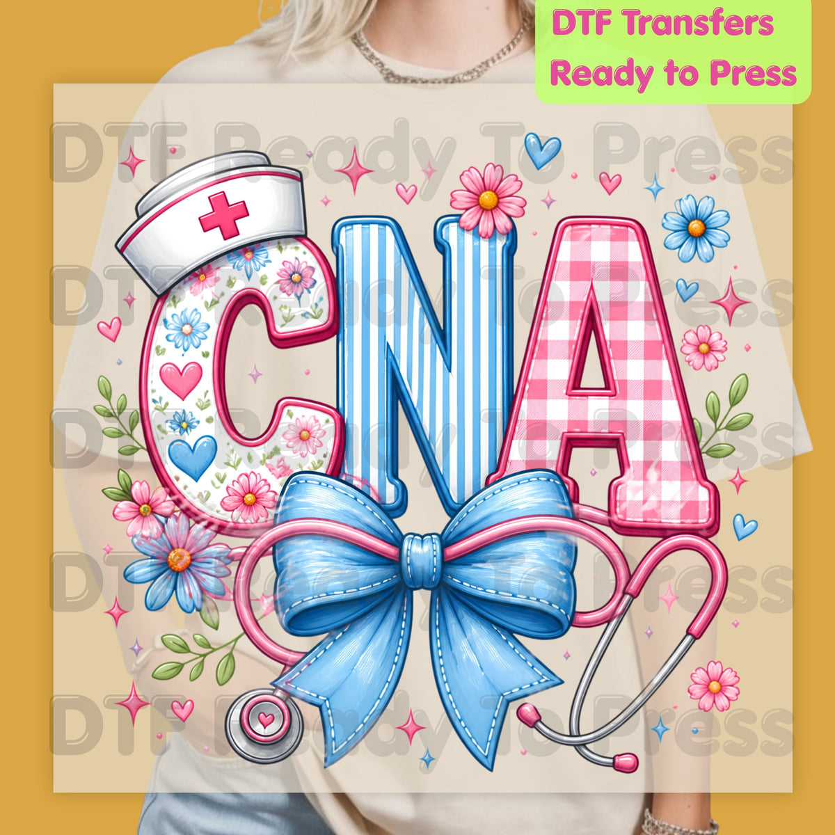 CNA Floral Bow DTF Transfers, Coquette Nurse Stethoscope Pink Blue Medical Graphic Ready to Press