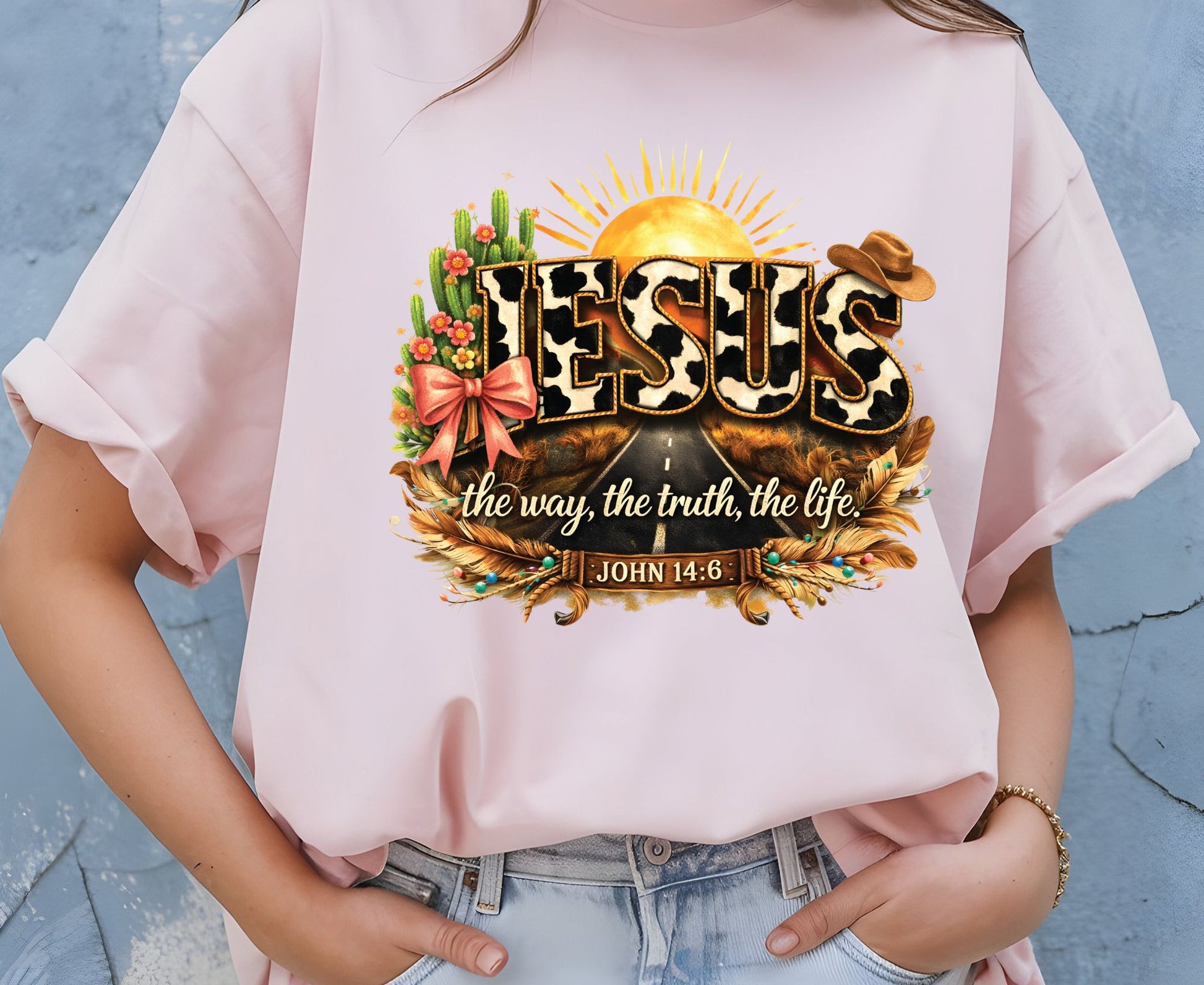 Jesus John 14:6 T Shirt Western Cow Print Tee Christian Way Truth Life Shirt Religious Gift Adult Youth Toddler Baby Boho Cowboy Apparel