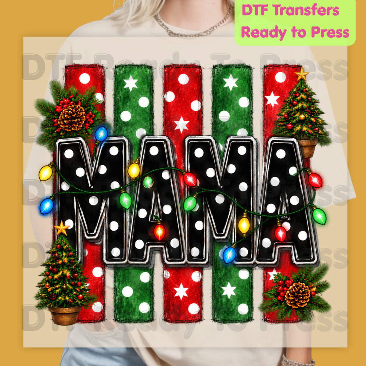 Christmas Mama DTF Transfers, Christmas Tree Lights Black Polka Dot Holiday Ready to Press
