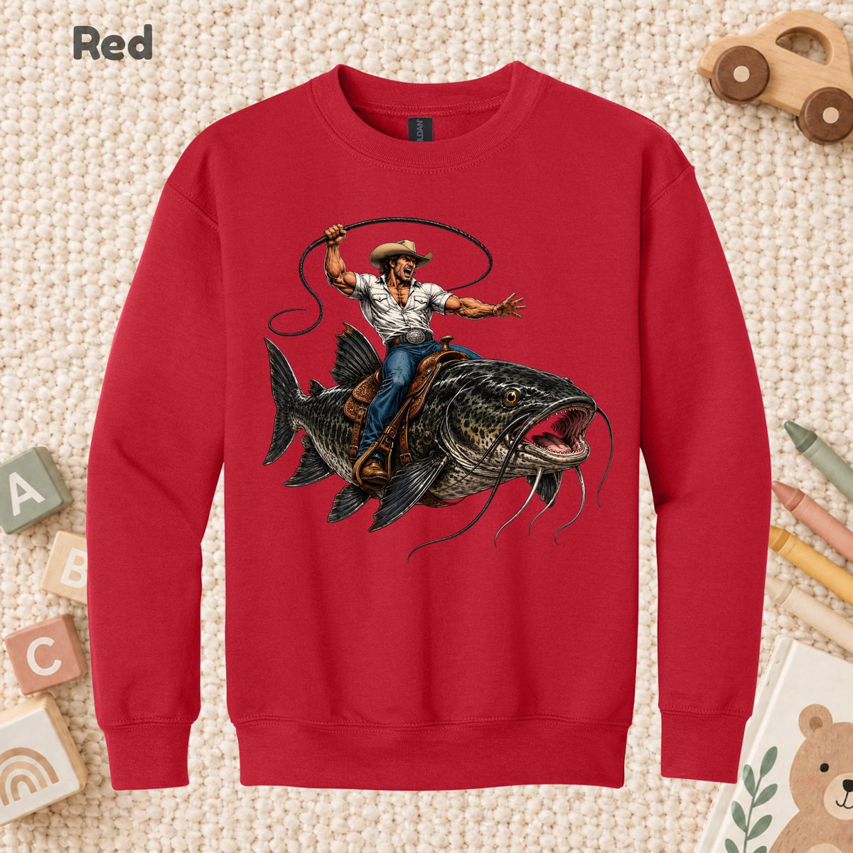 Cowboy Riding Catfish T-Shirt, Funny Fishing Rodeo Southern Graphic Tee for Toddler and Kids