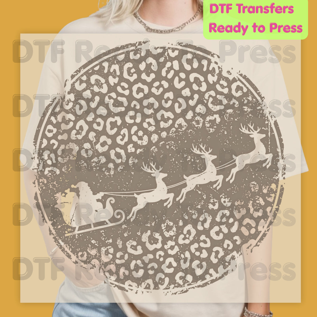 Christmas DTF Transfer, Santa Sleigh and Reindeer, Leopard Print Circle Graphic