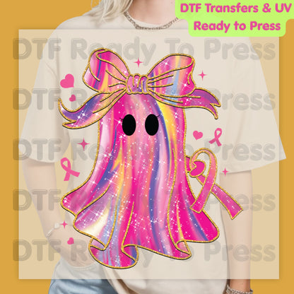 Glitter Pink Ghost Breast Cancer Awareness DTF Transfer Ready to Press Heat Transfer Bow Tee