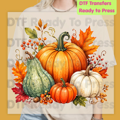 Fall Pumpkin DTF Transfer, Watercolor Harvest Gourd and Leaves Ready to Press