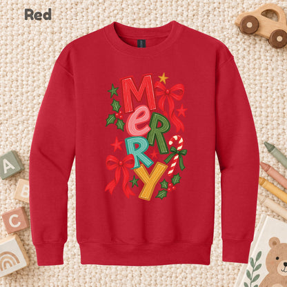 Merry Christmas T-Shirt, Colorful Lettering Red Bow Tee, Candy Cane Holiday Sweatshirt