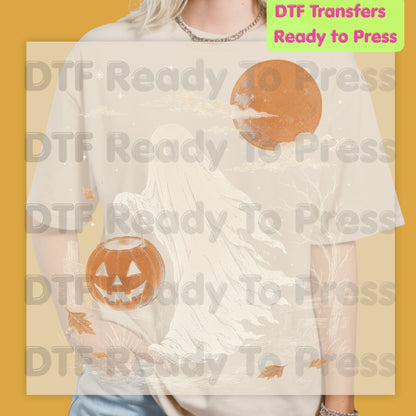 Vintage Halloween Ghost DTF Transfers, Jack O Lantern Full Moon Sepia Neutral Tones Spooky Fall Ready to Press