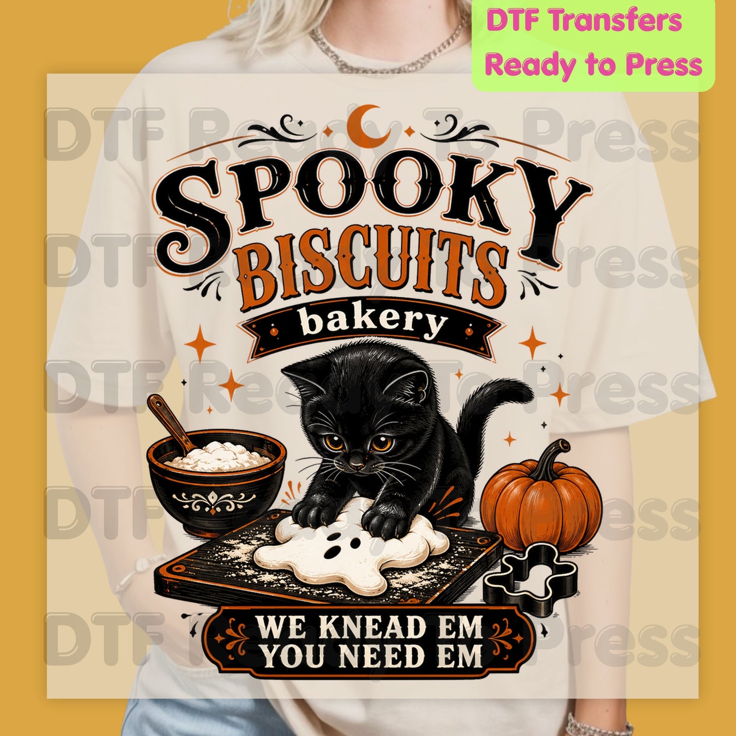 Halloween Spooky Biscuits Bakery DTF Transfer Ready to Press Black Cat Making Biscuits Ghost Dough Halloween Heat Transfer for Shirts Pumpkin Graphic