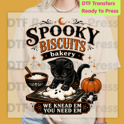 Halloween Spooky Biscuits Bakery DTF Transfer Ready to Press Black Cat Making Biscuits Ghost Dough Halloween Heat Transfer for Shirts Pumpkin Graphic
