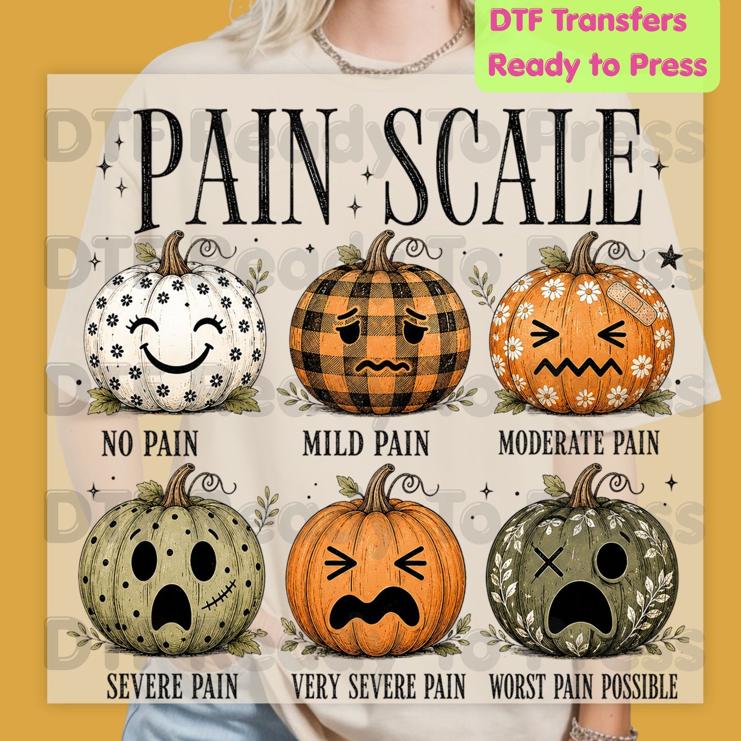 Funny Fall DTF Transfers, Pumpkin Pain Scale Nurse Halloween Medical Ready to Press