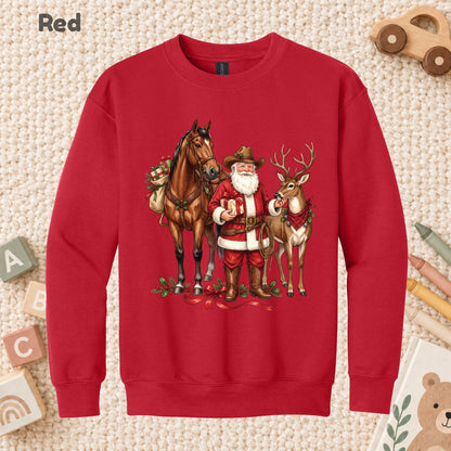 Cowboy Santa Christmas T-Shirt, Western Santa with Horse and Reindeer Graphic Tee, Country Holiday Shirt