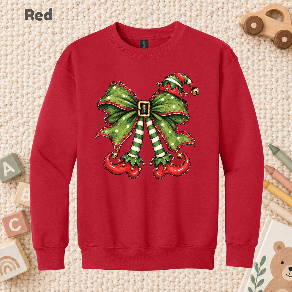 Christmas Elf T-Shirt, Green Bow Striped Legs Tee, Cute Holiday Sweatshirt