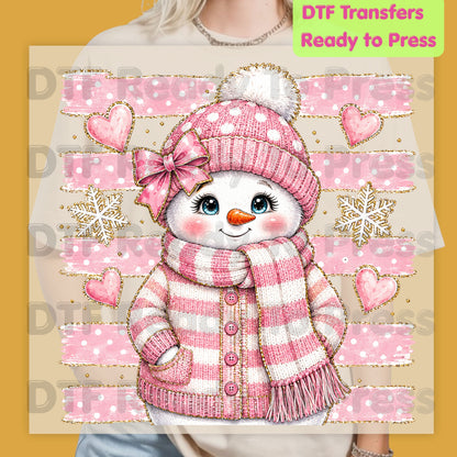 Cute Pink Snowgirl DTF Transfers, Winter Snowman Beanie Bow Pink Stripes Hearts Ready to Press