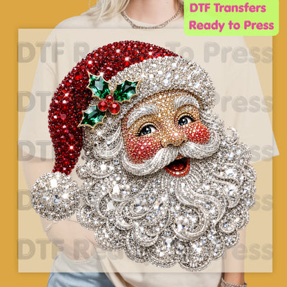 Christmas Santa Claus DTF Transfers, Vintage Bejeweled Rhinestone Santa Head Festive Holiday Ready to Press