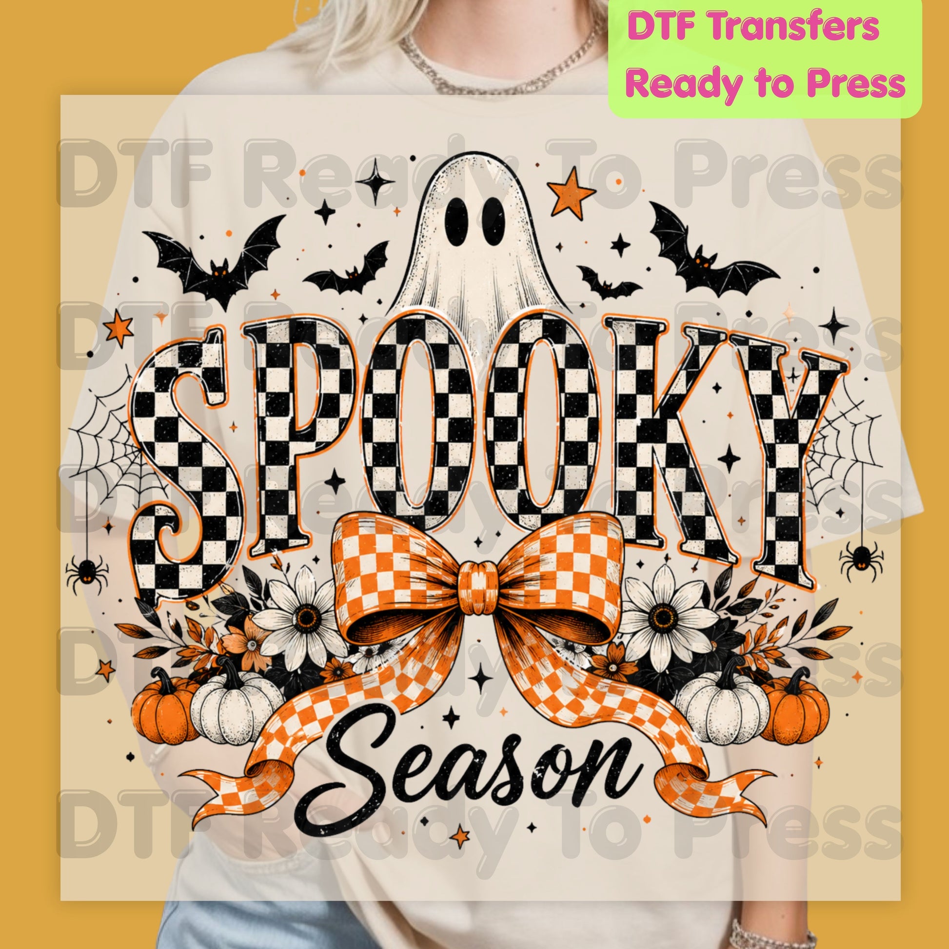 Halloween Spooky Season DTF Transfers, Checkered Bow Cute Ghost Bats Orange Plaid Pumpkins Ready to Press