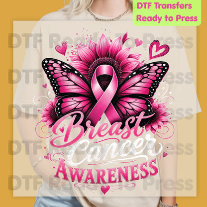 Breast Cancer Awareness Pink Butterfly Sunflower DTF Transfer Ready to Press Heat Transfer Tees