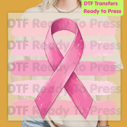 Pink Ribbon DTF Transfer Breast Cancer Awareness Brush Strokes Heat Transfer Ready to Press Tee Print Direct to Film