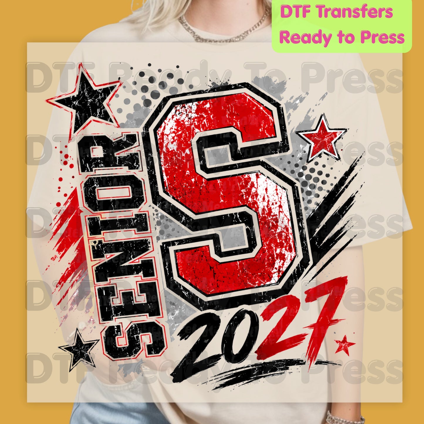 Senior 2027 DTF Transfers, Class of 2027 Red Black Distressed Letter Graduation Ready to Press
